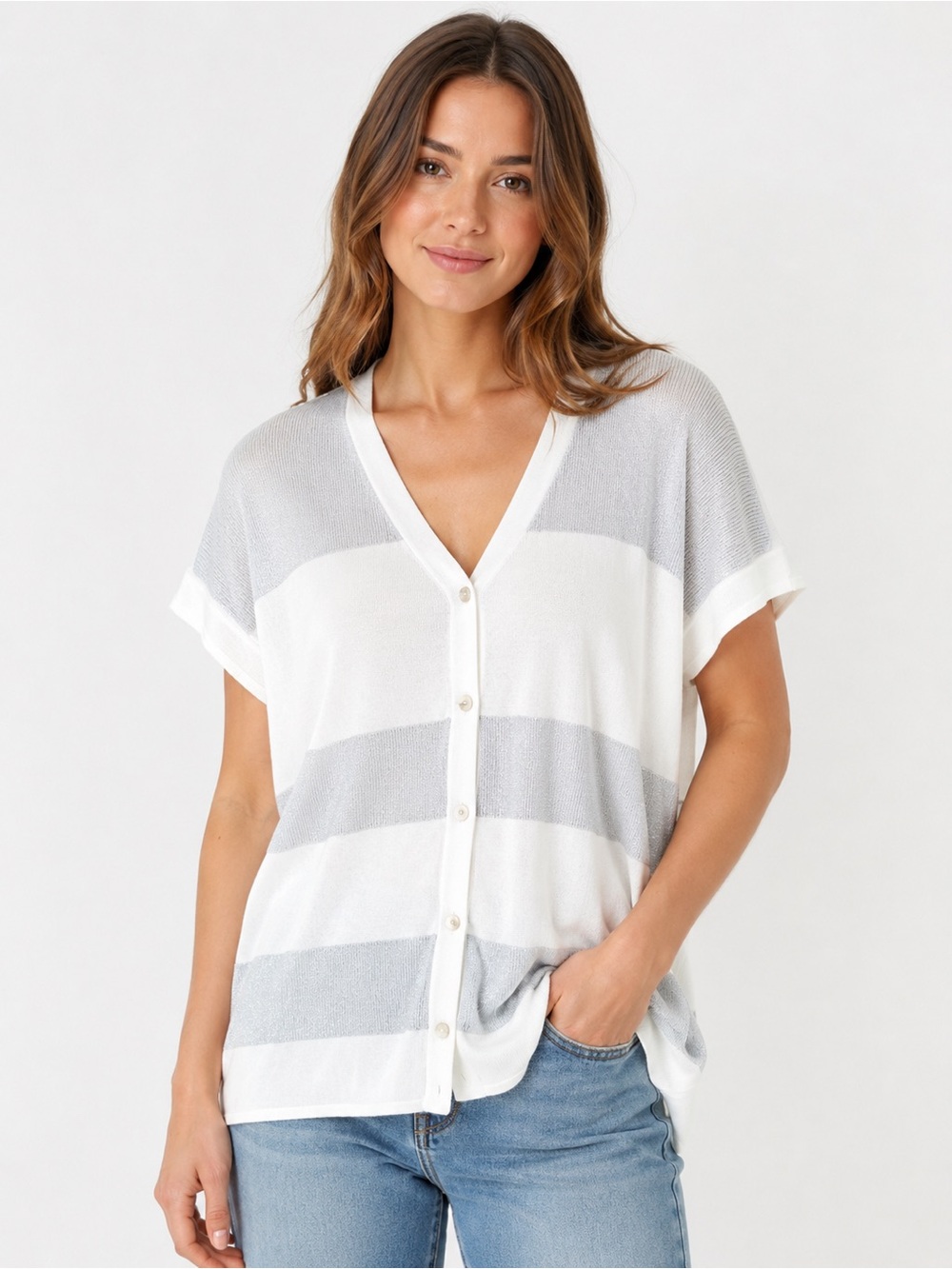 H.A.N.D Made in Italy Metallic Stripe Cardigan White Silver Shimmer Top 42 (M/L)